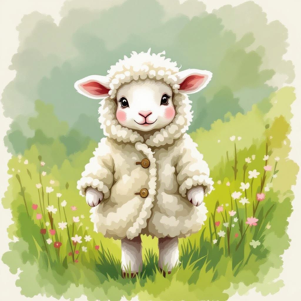 Nervous Lamb in Meadow, Beatrix Potter Style