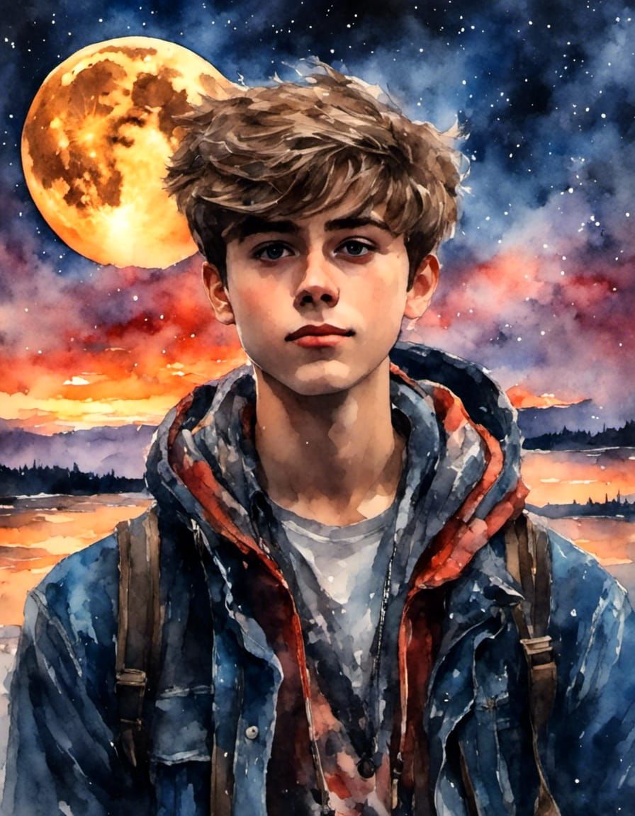 Boy Watches Night Sky in Gouache Style