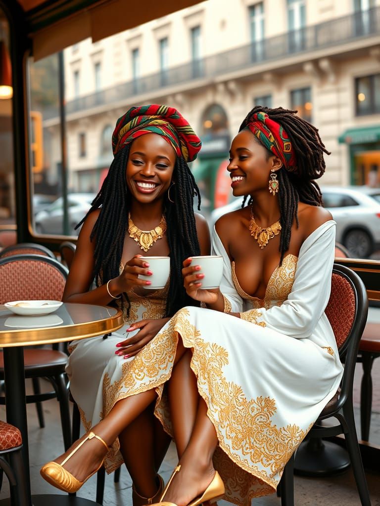 Twin Women in Paris Cafe: Realistic Panoramic View