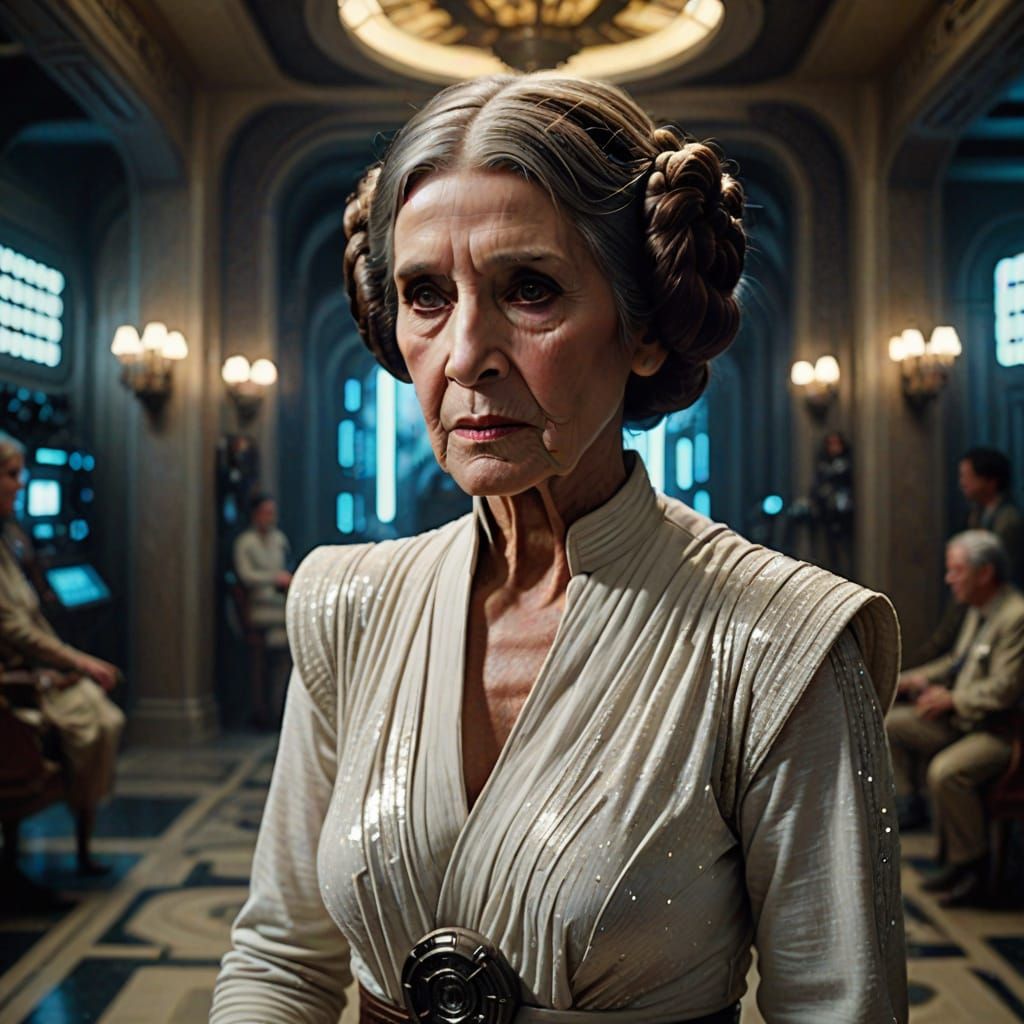 Elderly Leia Cosplay in Galactic Palace: Cinematic Film Stil...