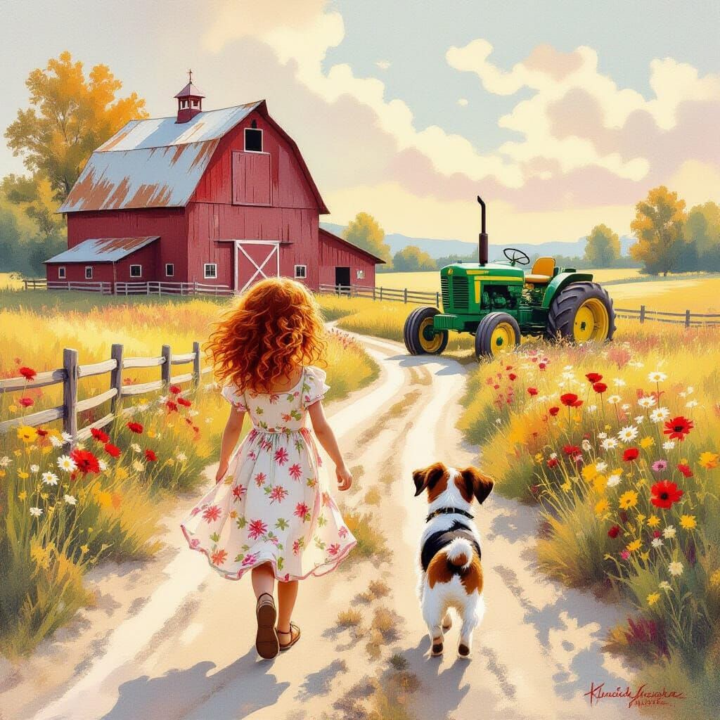 Girl and Dog on Country Road, Watercolor Style