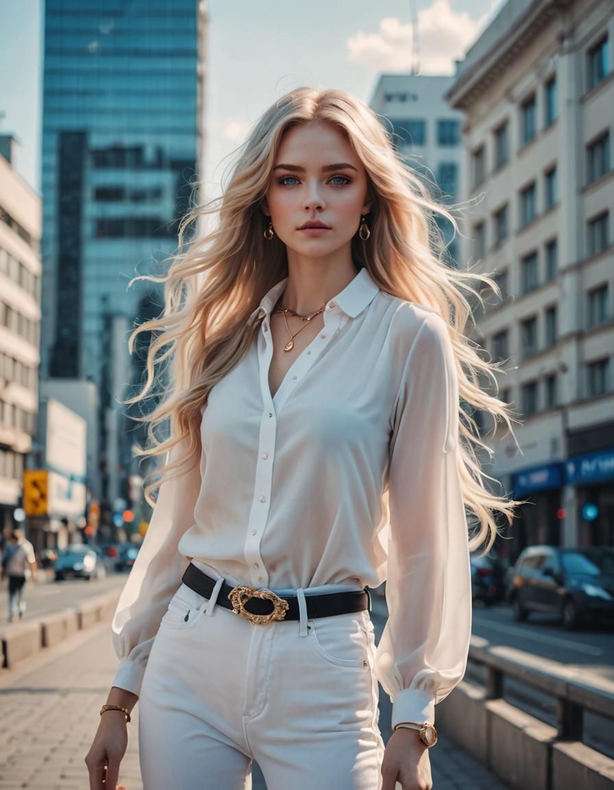 beautiful lady in cute chiffon blouse and white jeans, jewel...