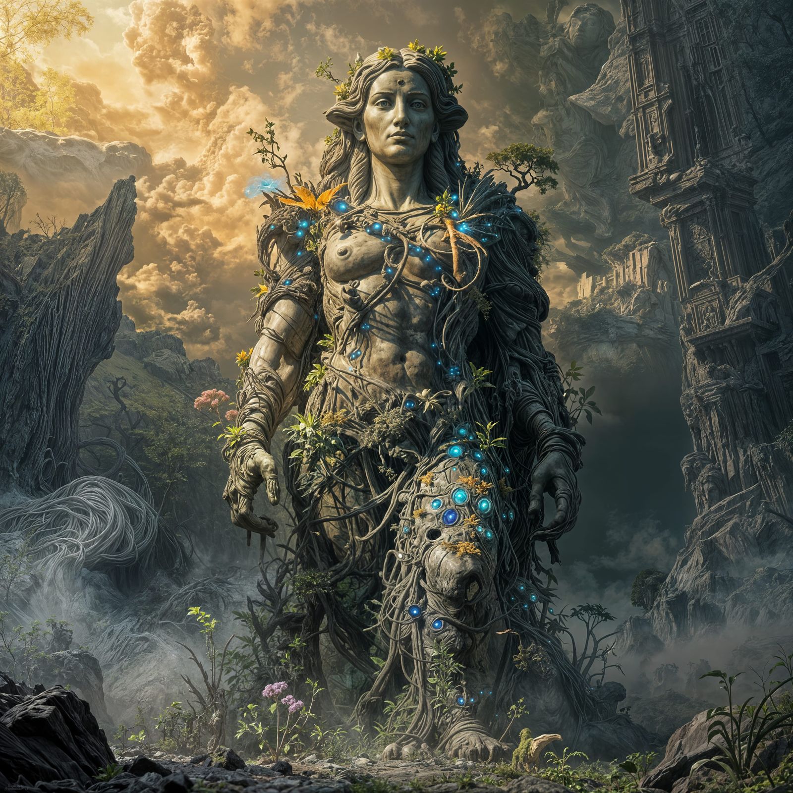 Ancient Statue Overgrown with Bioluminescent Flora in Alien ...