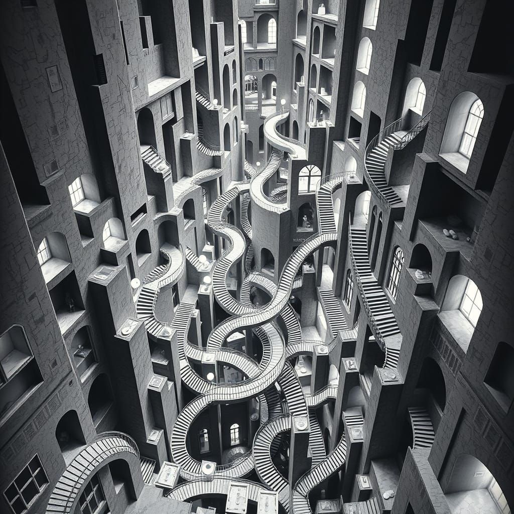 Impossible Cityscape Inspired by Escher, Mead and Beksiński