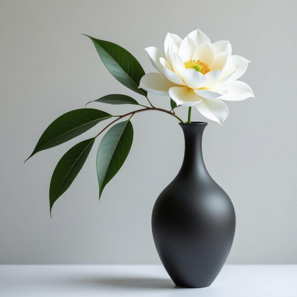 Elegant Black Vase with White Flower and Leaves