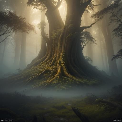 Mystical Tree Towers Over Forest in Fantasy Art