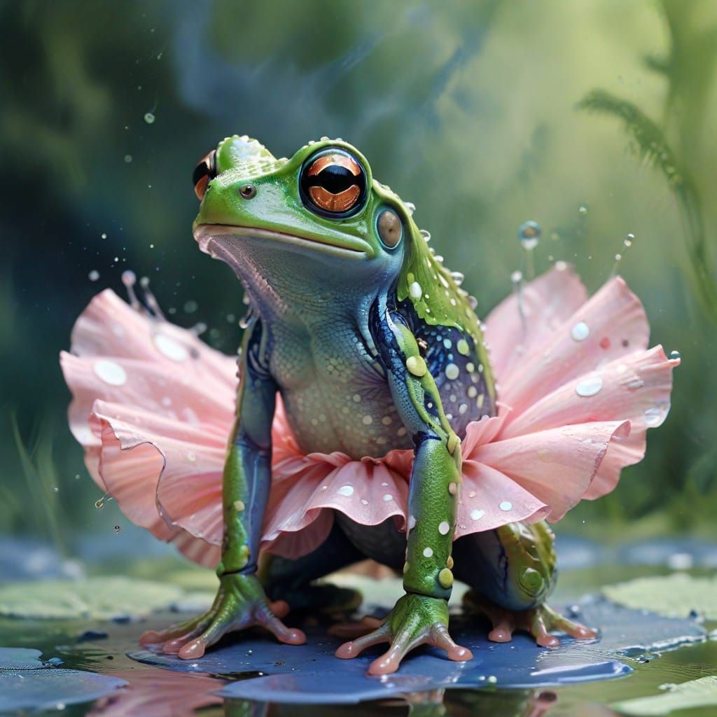 Crazy Frog in Polka Dot Skirt, Ethereal Watercolor Style