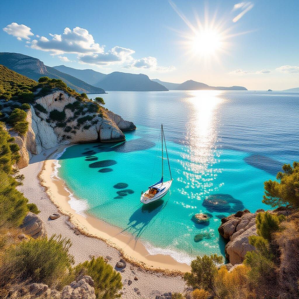 Mediterranean Cove with Sailboat in Impressionistic Style