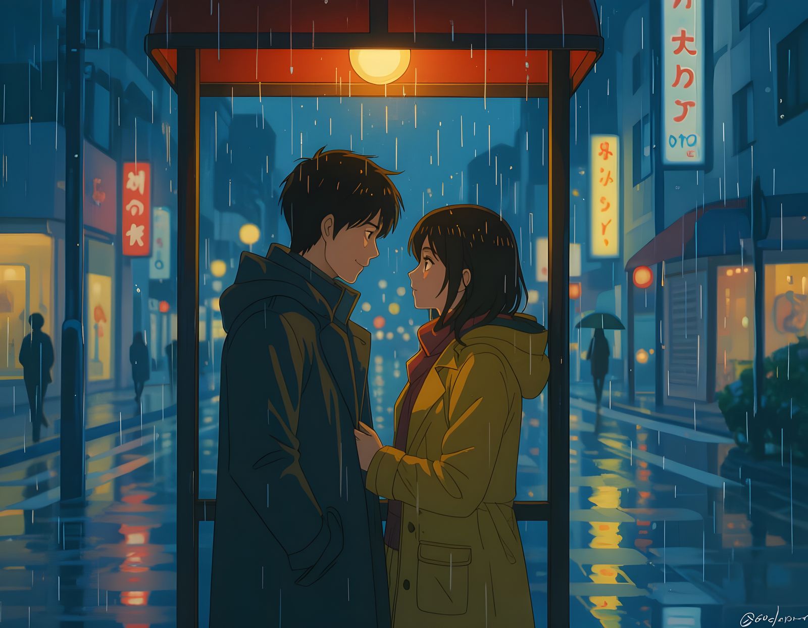 Romantic Couple in Rainy Cityscape, Cinematic Style