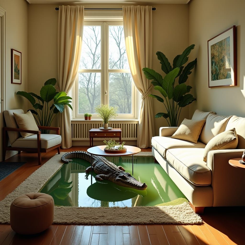 Surreal Living Room with Crocodile Moat, Photorealistic