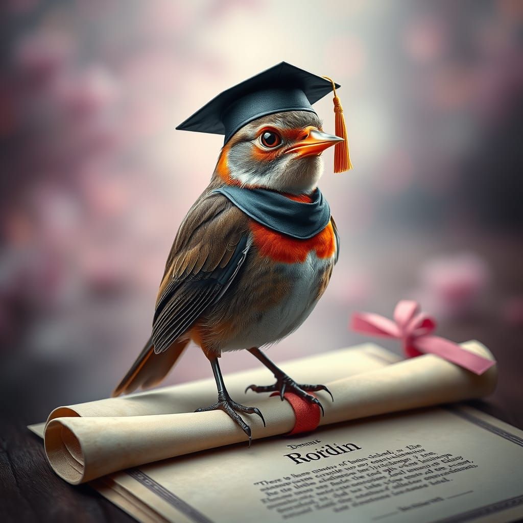 Proud Robin Graduates in Dreamlike Airbrushed Scene