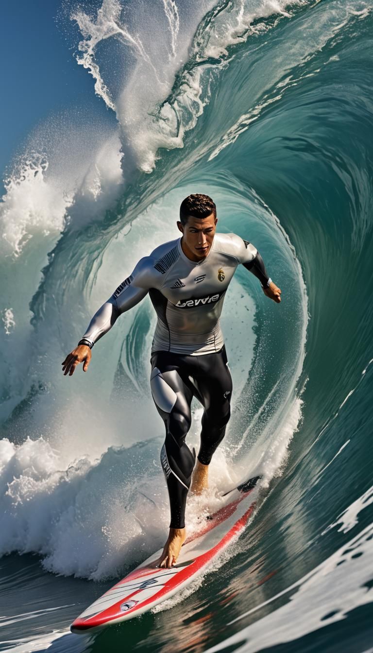 Cristiano Ronaldo in a surfing outfit surfing in a epic tube...