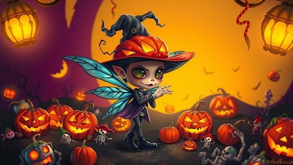 Chibi Beetlejuice in Whimsical Halloween Scene