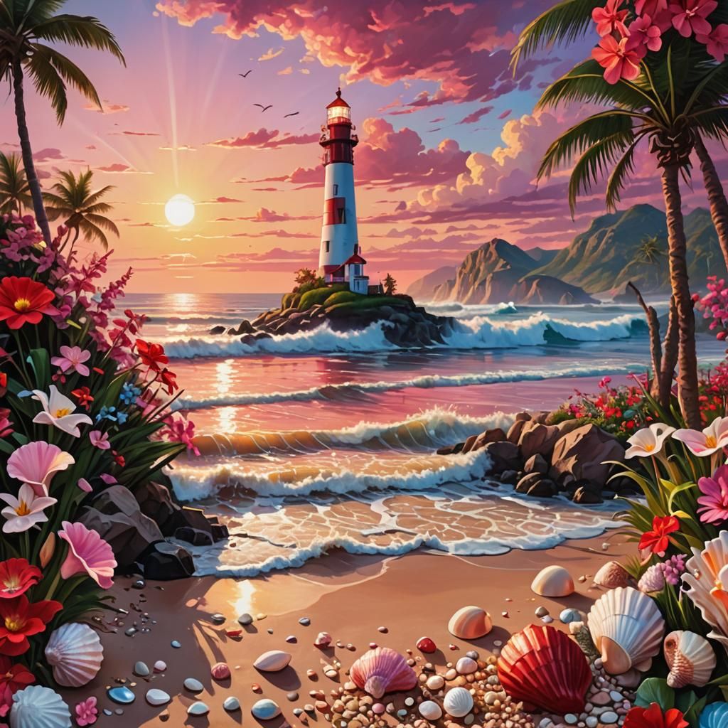 Hyperrealistic Sunset Beach with Lighthouse and Holographic ...