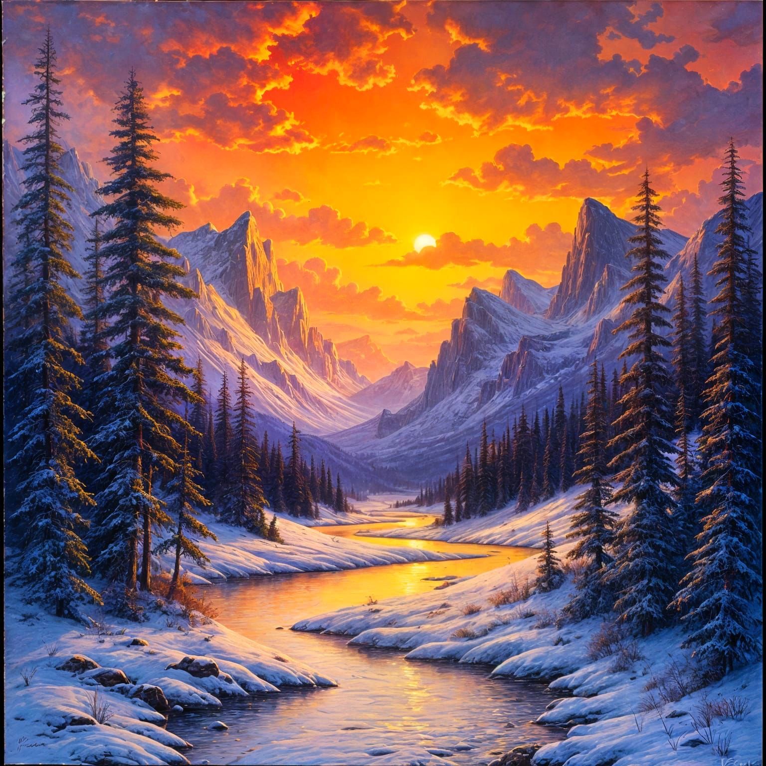 Majestic Winter River Landscape at Fiery Sunset