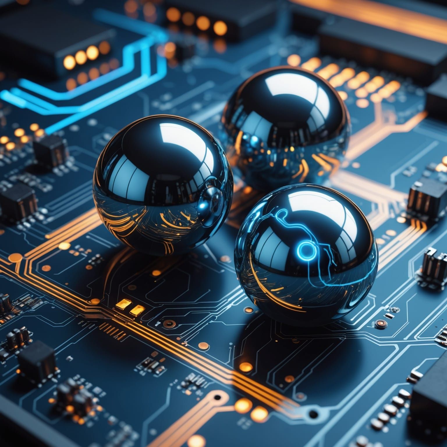 Chrome Spheres on Circuit Board in Detailed Digital Art