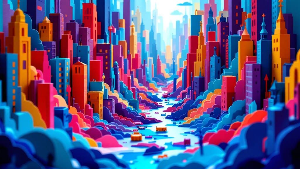 Abstract Paper Cityscape in Vibrant Triadic Colors