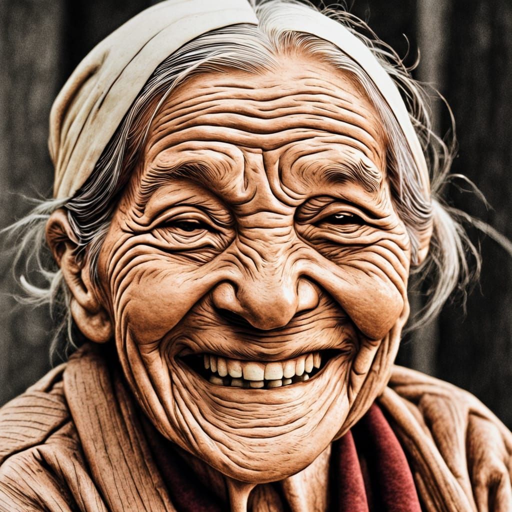 Elderly Woman's Smile Captured in Brown and Ivory Linocut
