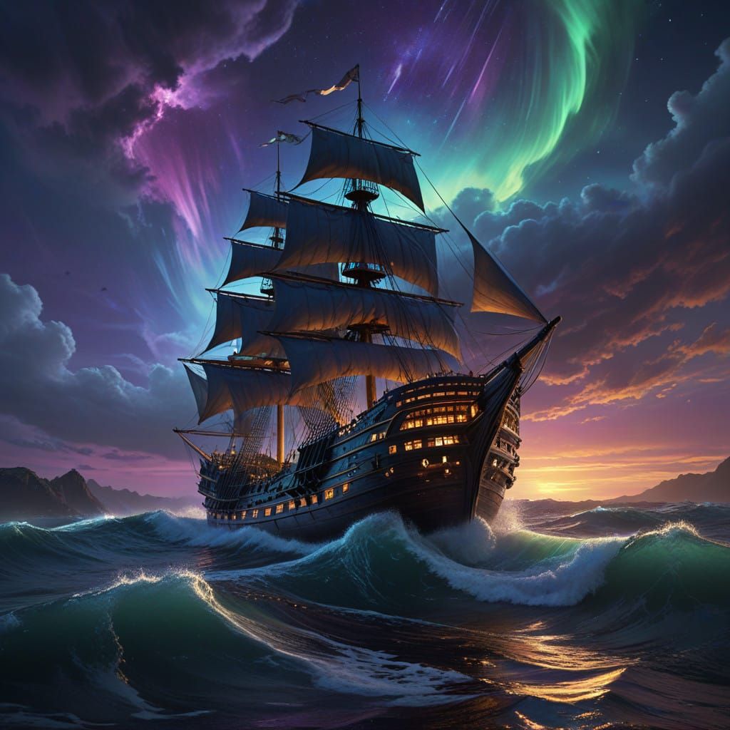 Majestic Night Ship Sails Through Turbulent Ocean Amidst Vib...