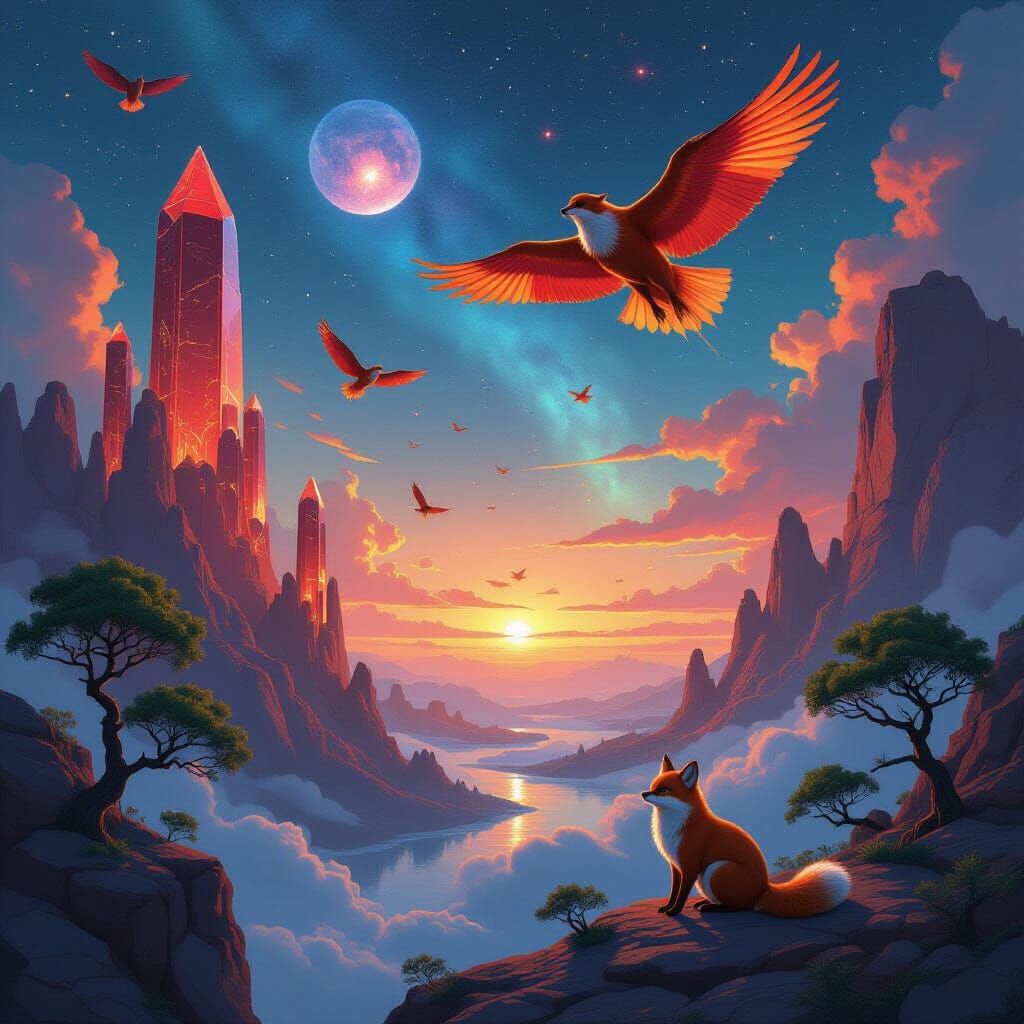 Mystical Floating Islands with Celestial Creatures and Red C...