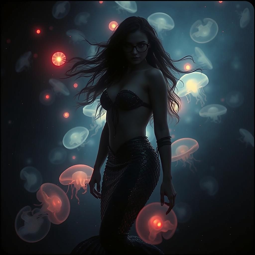 Enchanting Mermaid in Dark Ocean with Jellyfish