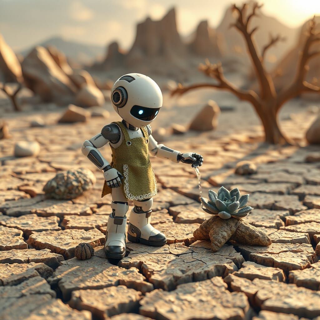 Robot Gardener Tends Succulent in Desert, 3D Anime Style