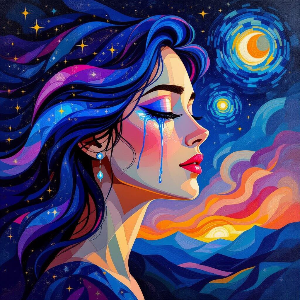 Cosmic Portrait of Woman in Starry Night