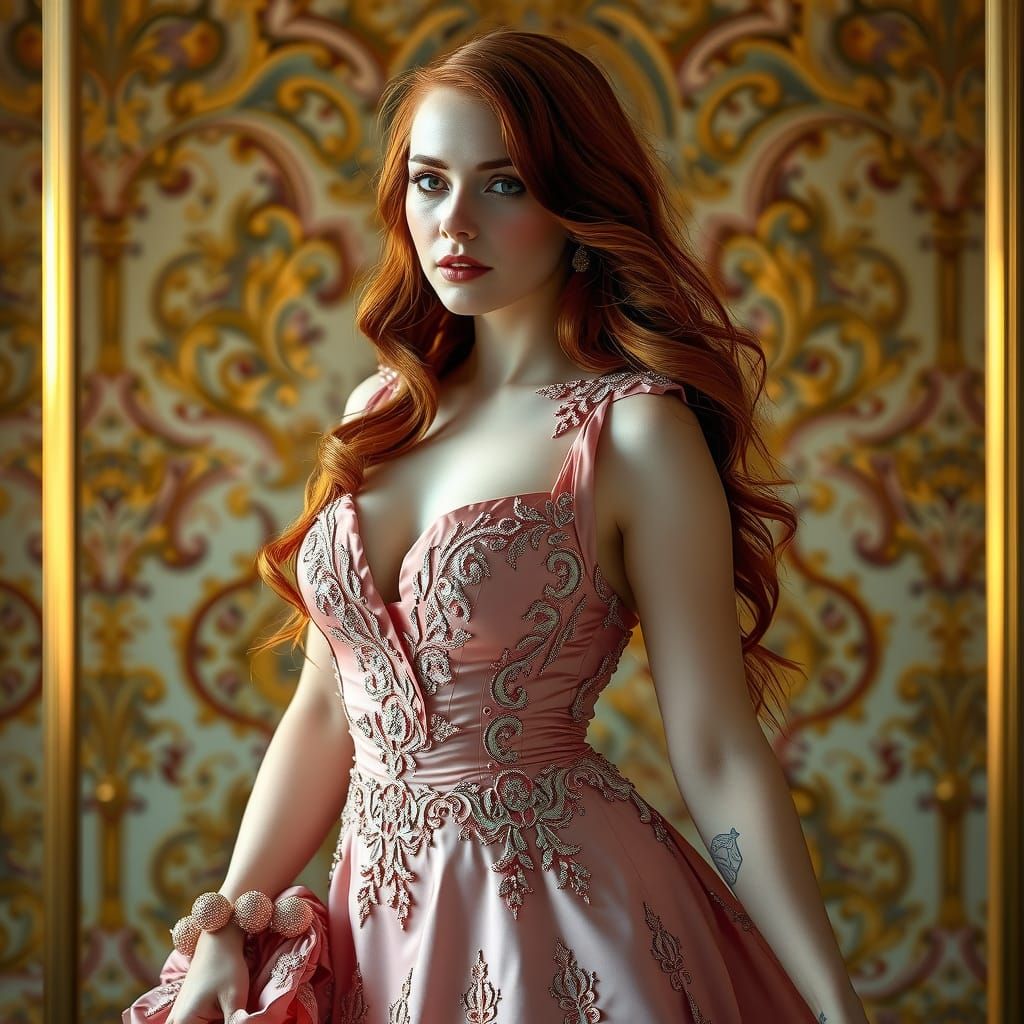 Elegant Red-Haired Woman in Rose-Pink Gown