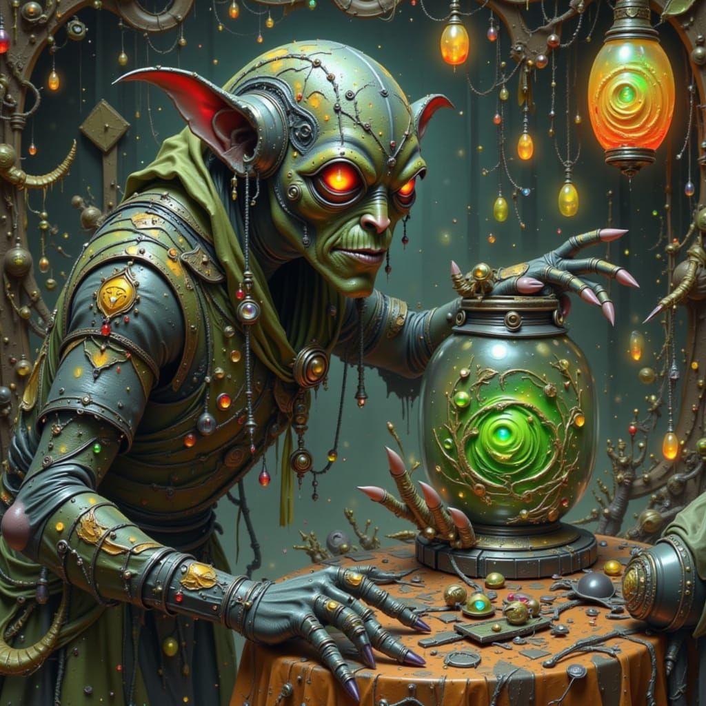 Goblin Offering Jar with Green Face, Cybernetic Eyes