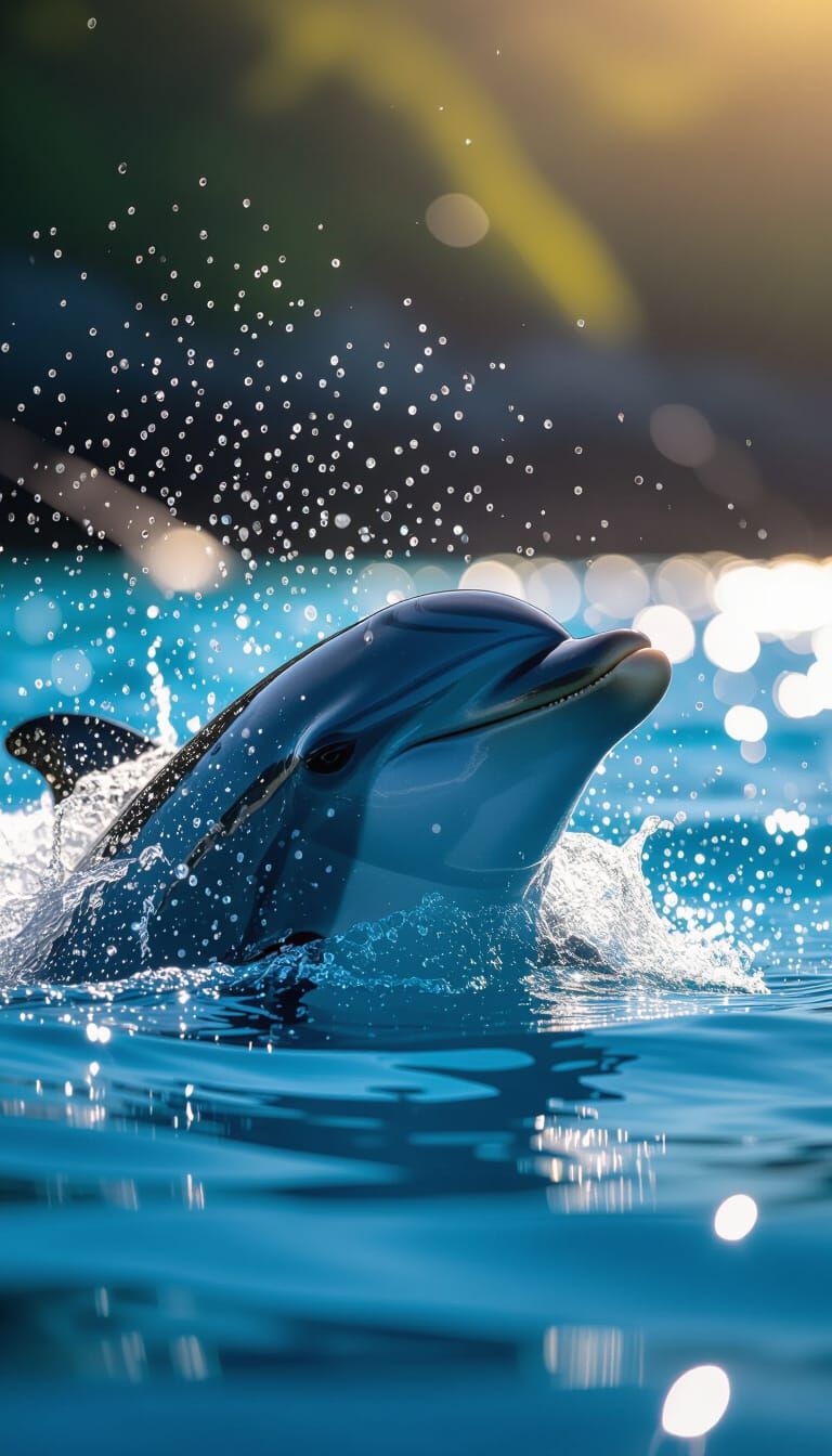 Dolphin Surfaces for Air in Realistic Ocean Photo