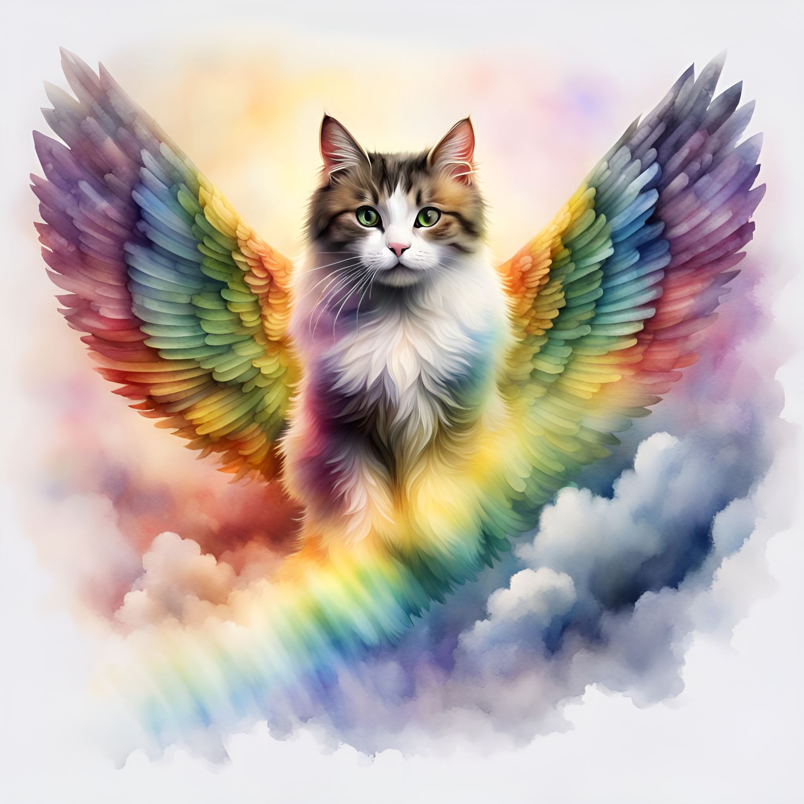 Winged Cat Flight over Rainbow Watercolour