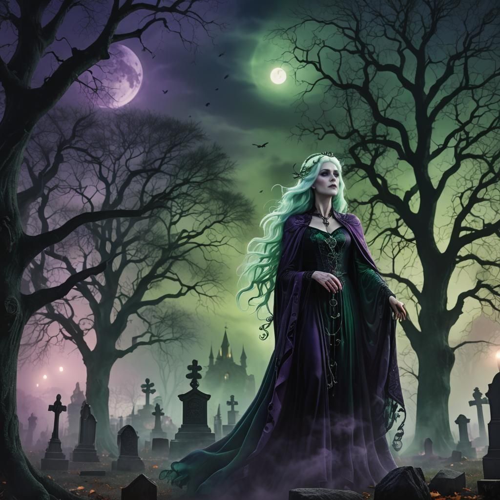 Beautiful Witch in Graveyard: Detailed Matte Painting