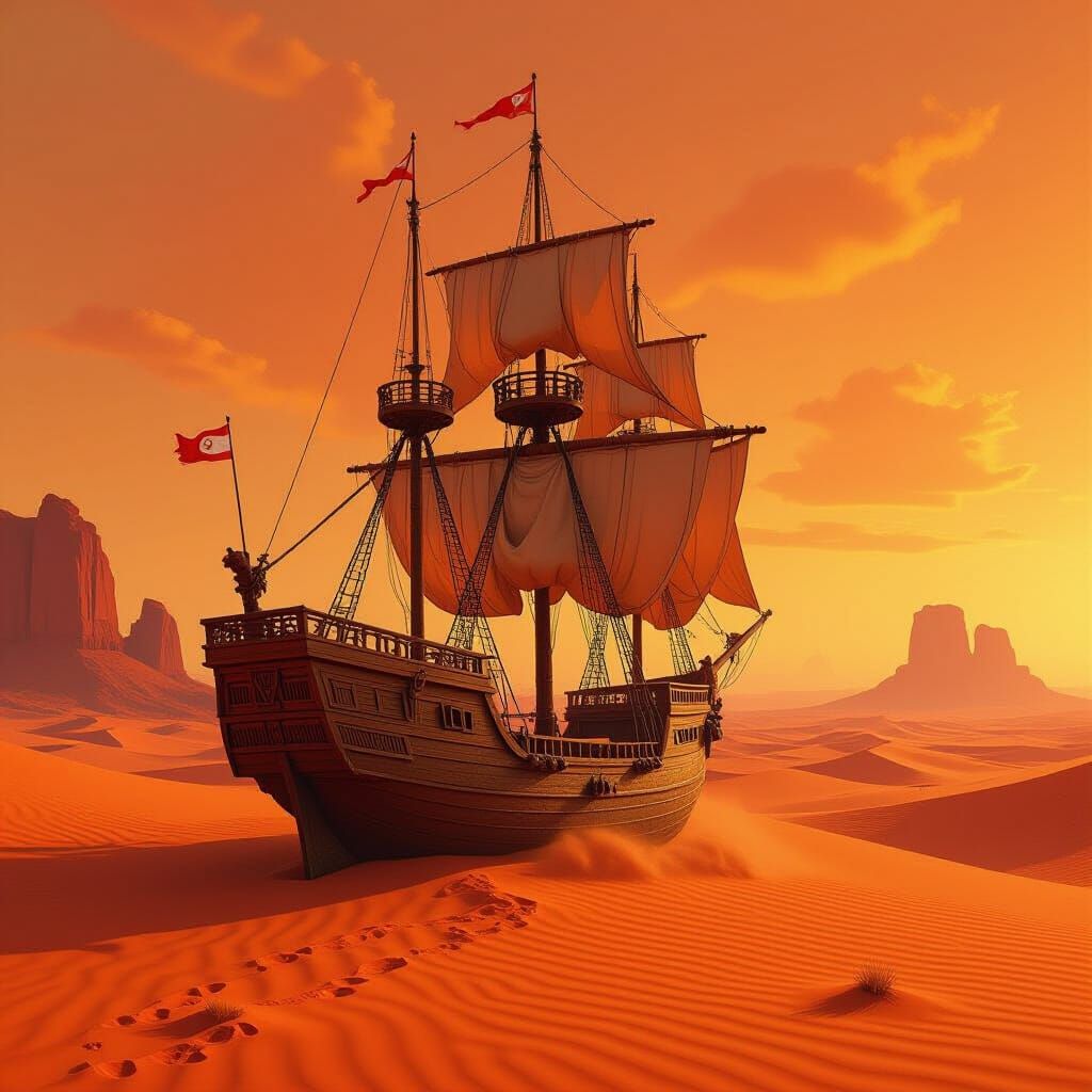 Majestic Sand Ship Sails Across Red Dune Sea