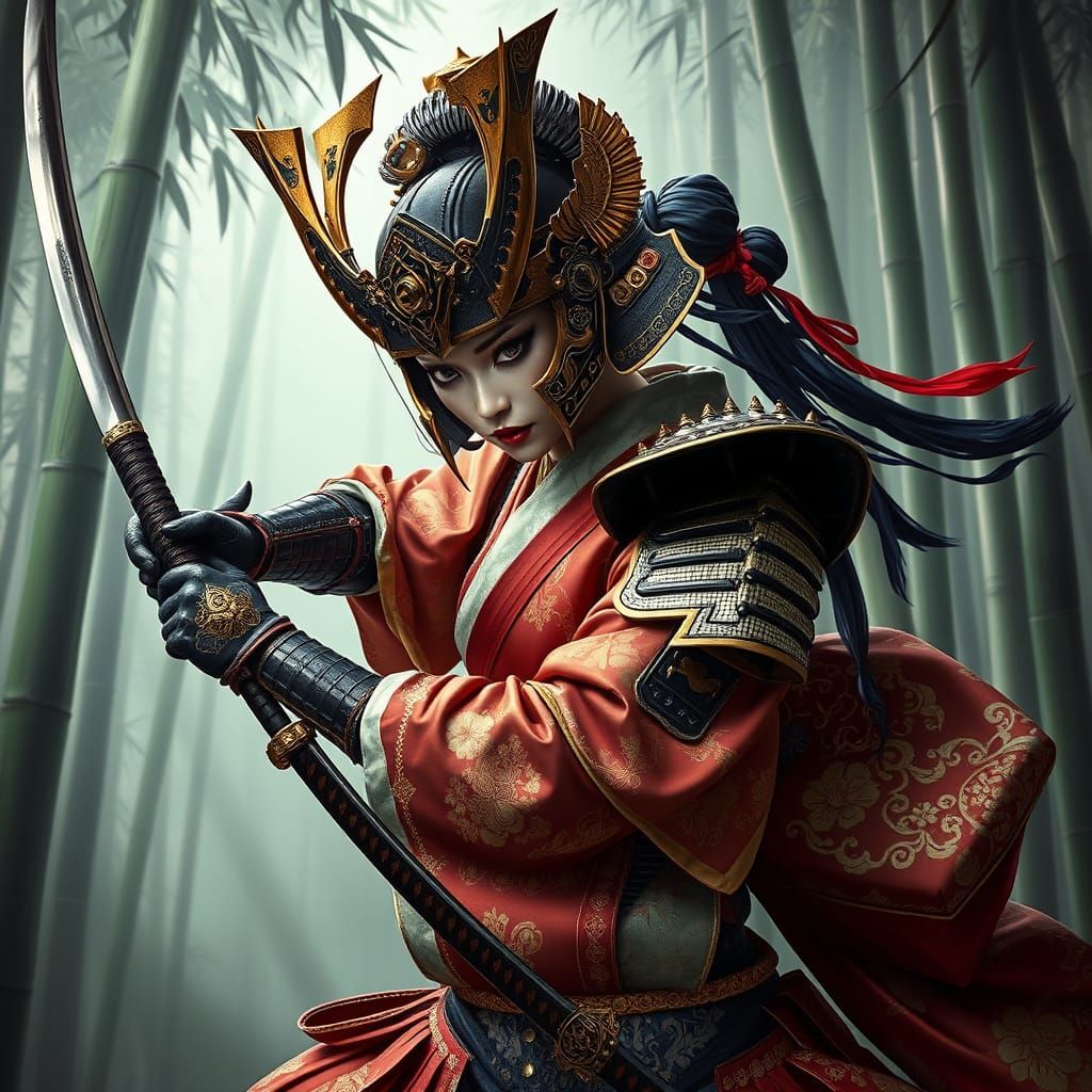Fierce Geisha Warrior in Cyberpunk Traditional Japanese Armo...