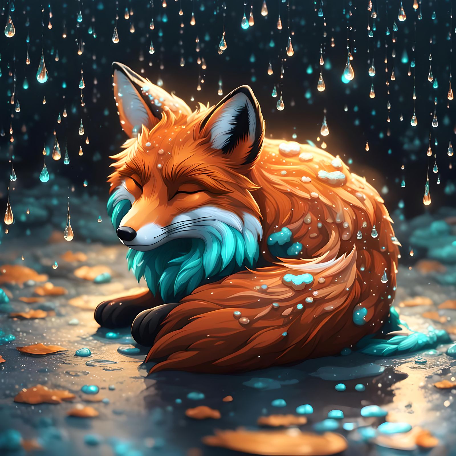 Sleeping Fox in Rain: Detailed Matte Painting