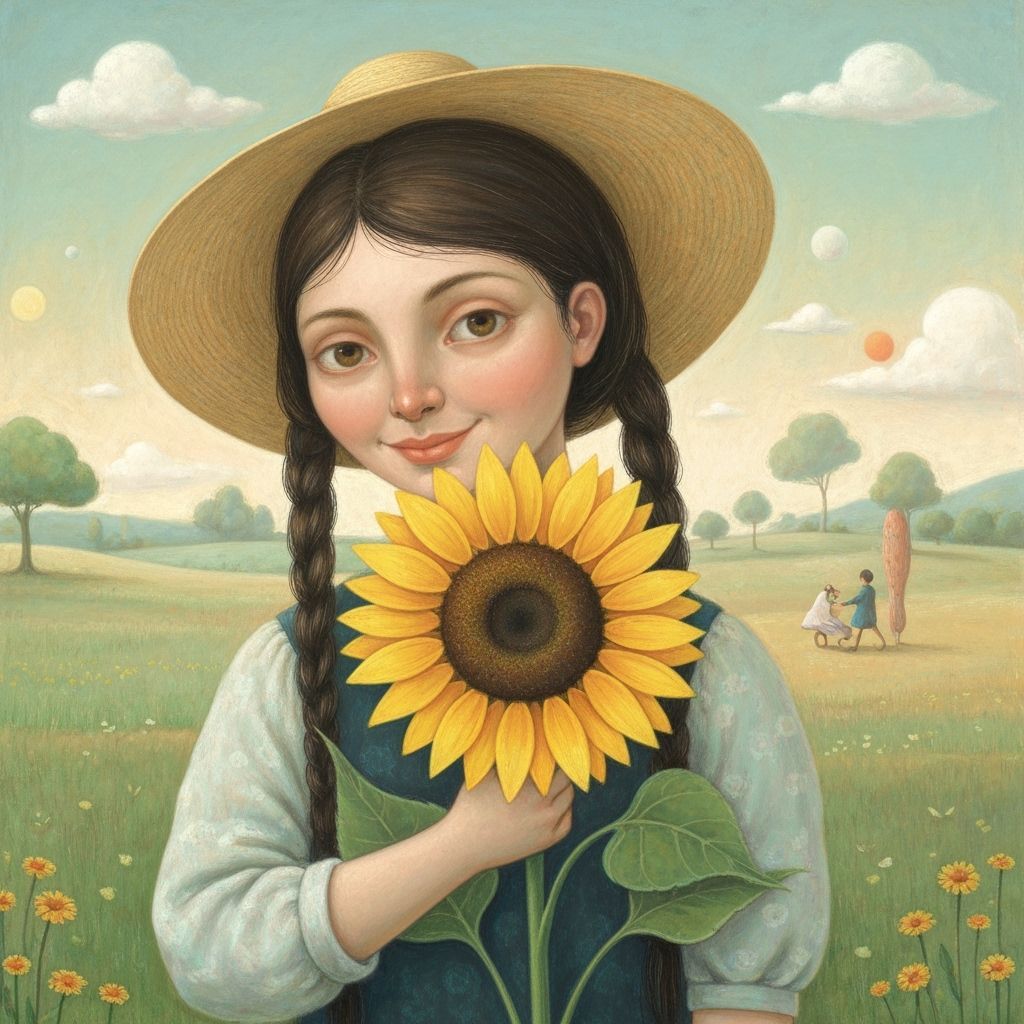 Quirky Woman with Sunflower in Surreal Pastel Landscape