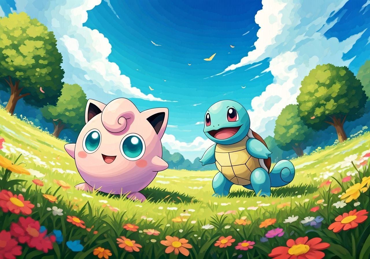 Jigglypuff and Squirtle in Whimsical Pokemon Style