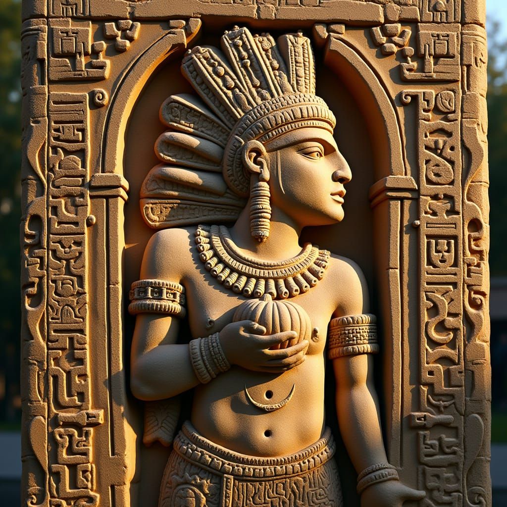 Mayan Priest Stone Carving in Mesoamerican Style