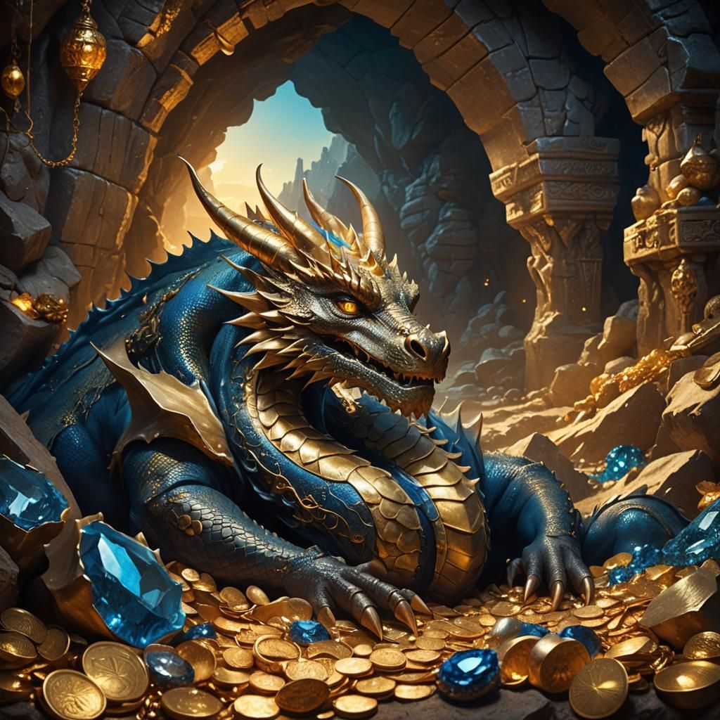 Dragon Sleeping in Treasure Cavern: Fantasy Matte Painting