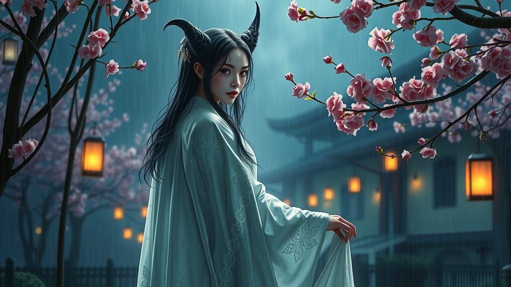 Enchanting Aasimar Warlock Basks in Rainy Japanese Garden Se...