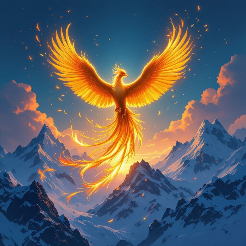 Golden Phoenix Ascends Over Snowy Mountains