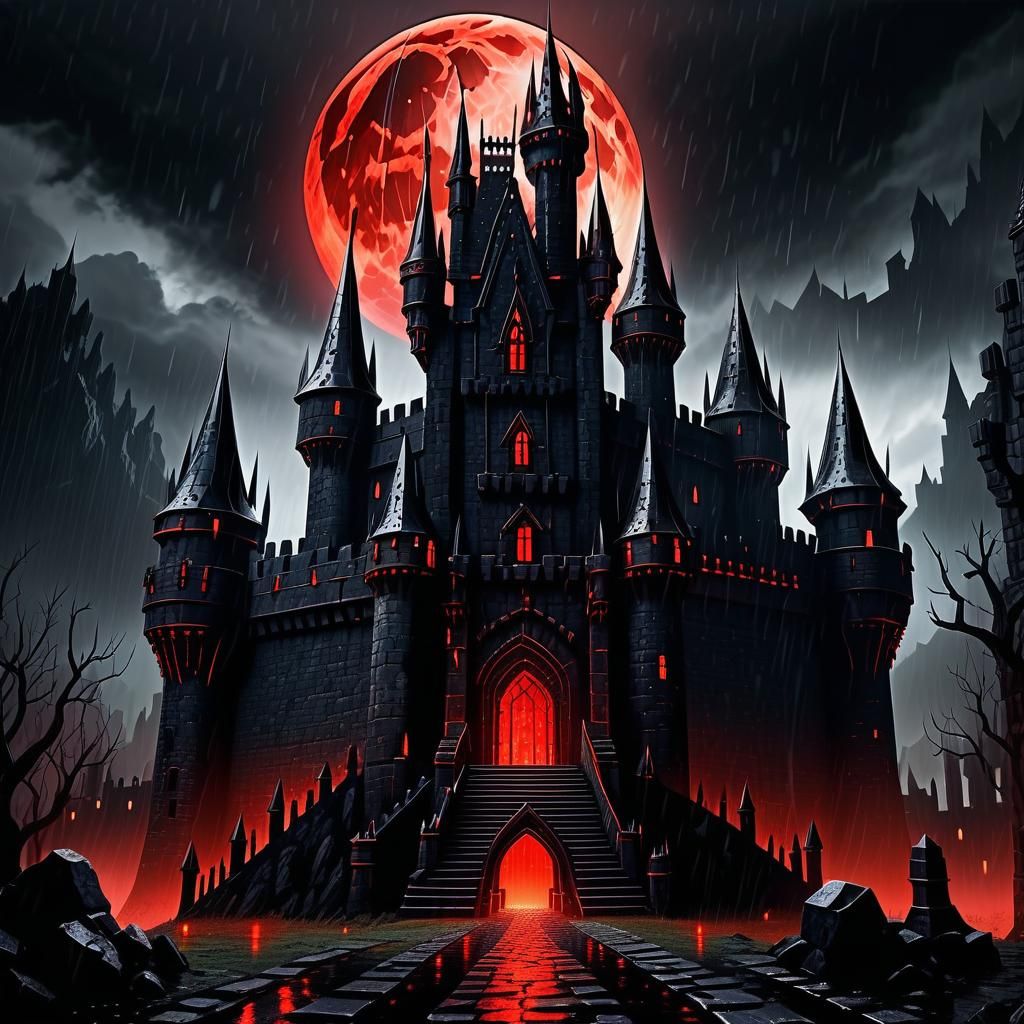 Dark Medieval Obsidian Castle with Blood Moon