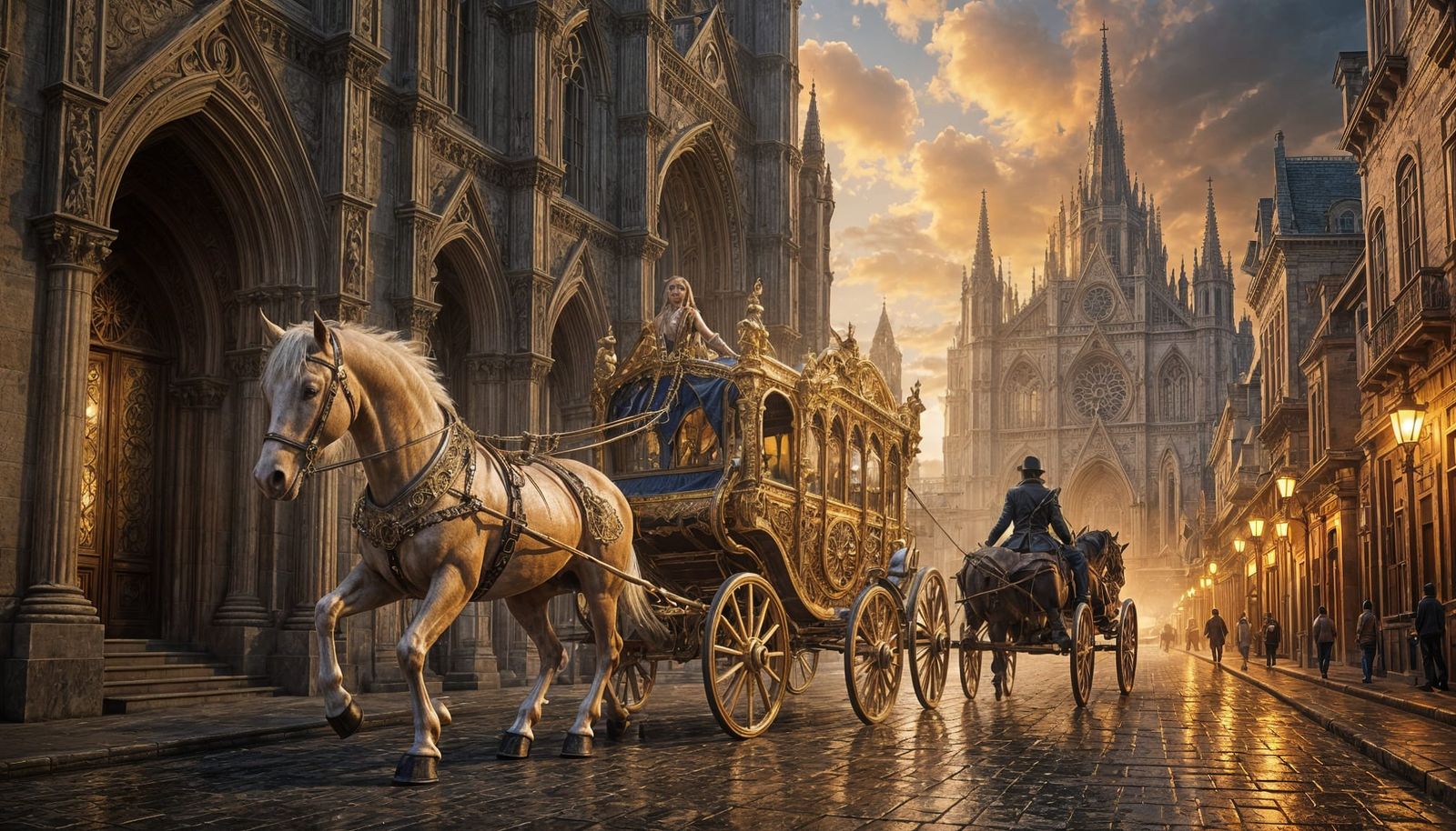 Gothic Cathedral Street with Golden Carriage