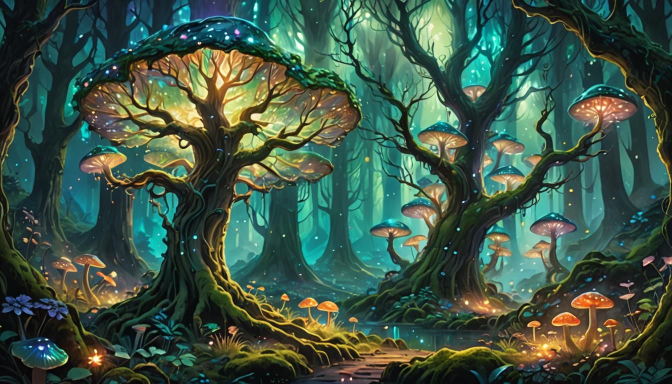 Iridescent Tree in Mystical Forest: Fantasy Concept Art