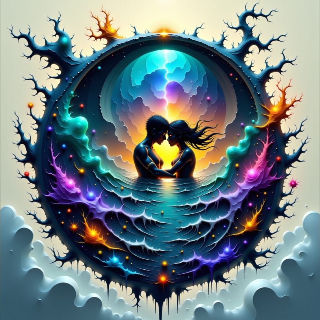 Cosmic Lovers Embrace Amidst Elemental Forces