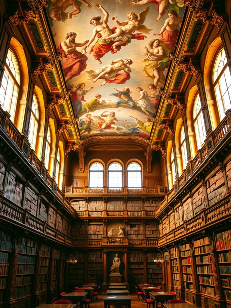 Baroque Library with Grand Fresco and Ornate Decor