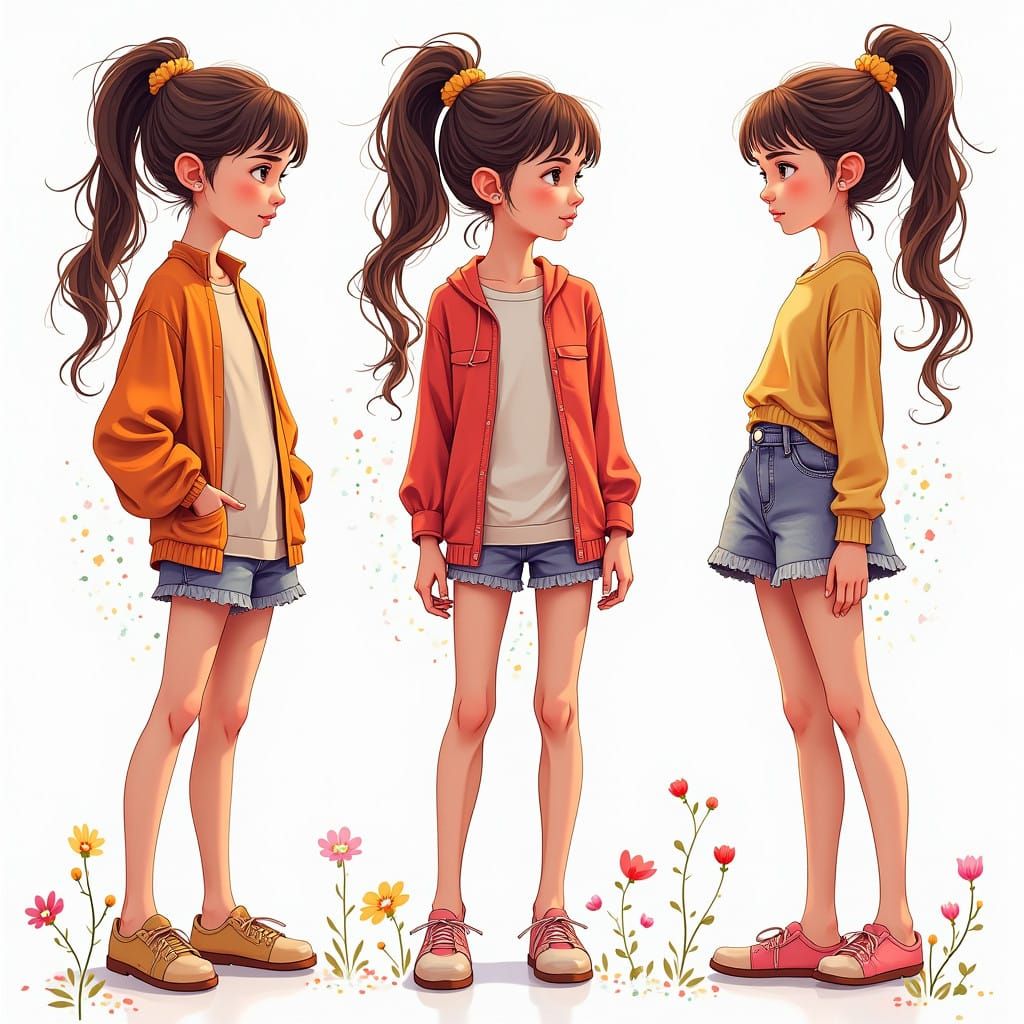 Vibrant Fashion Illustration of a Young Girl in Dynamic Pose...