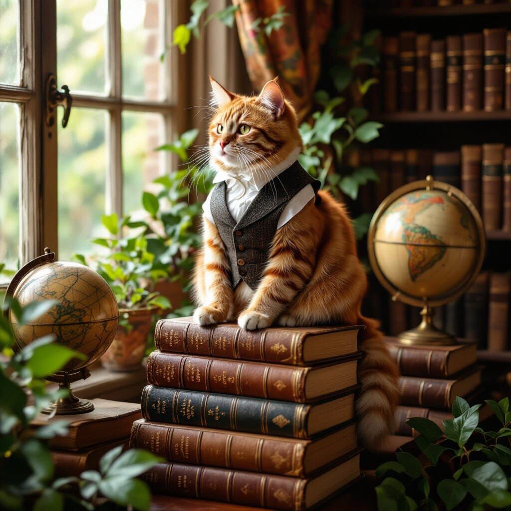 Ginger Cat in Waistcoat on Antique Books