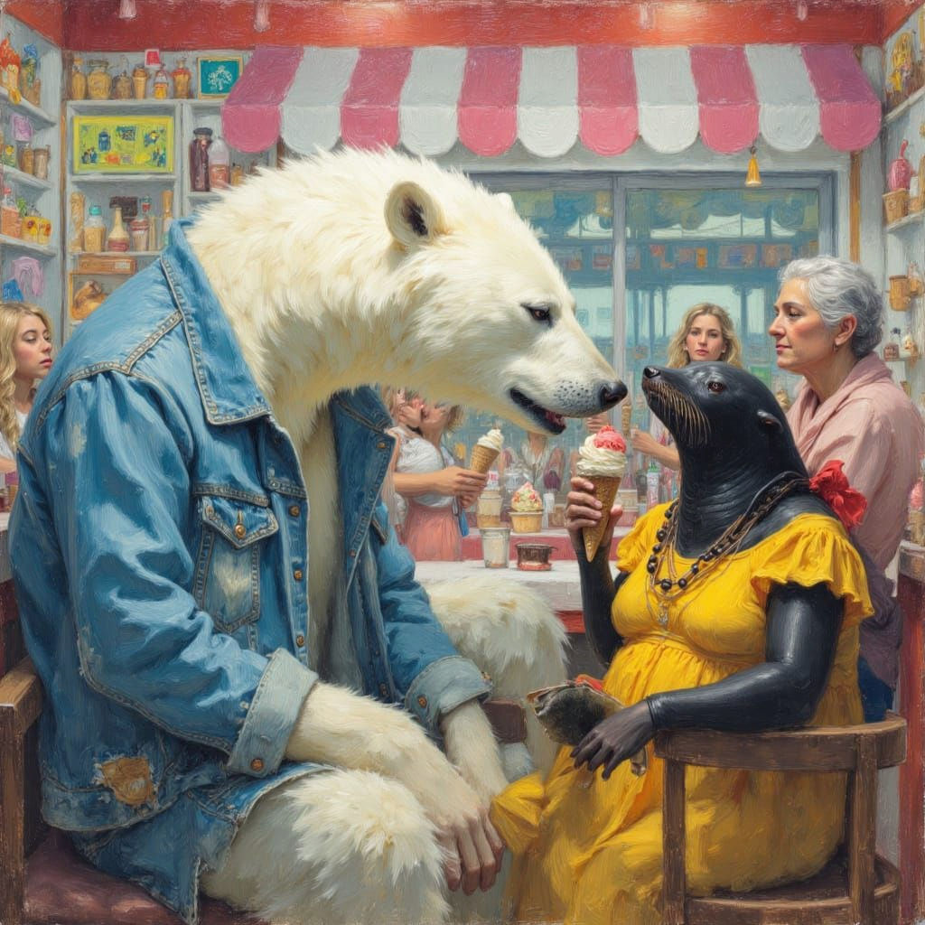Polar Bear & Seal Share Ice Cream in Oil Painting Style
