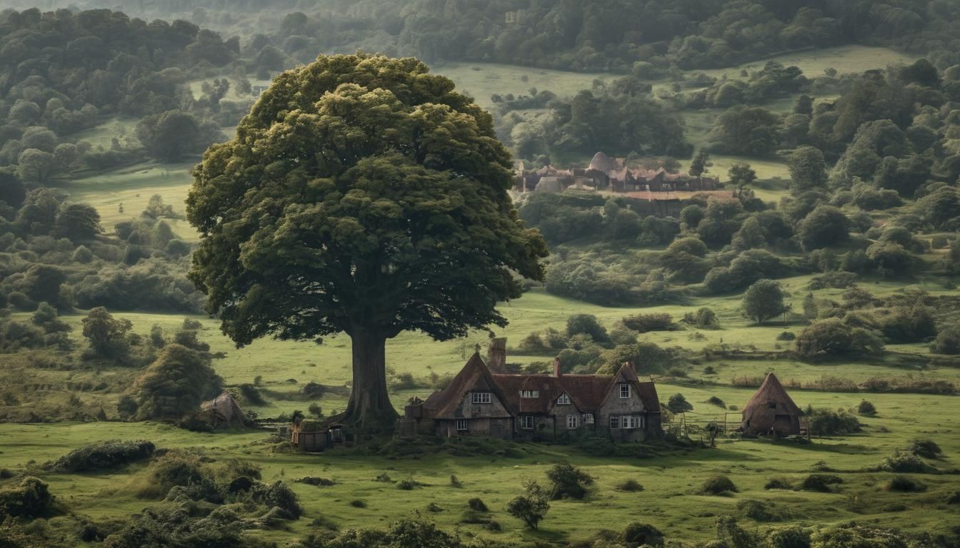 Giant Tree with Acorn Houses in English Field